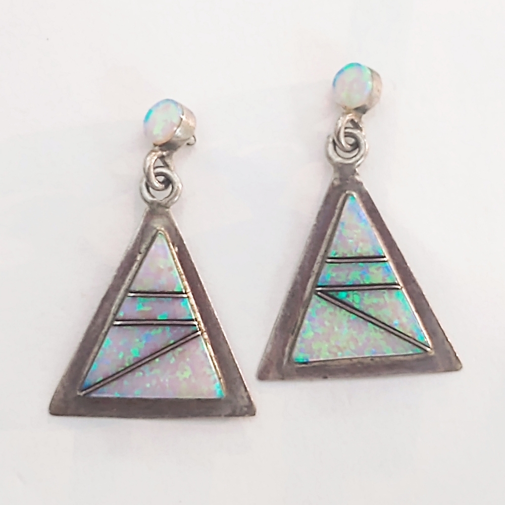 Vintage Sterling Silver & Opal Triangle Earrings - Picture 7 of 7